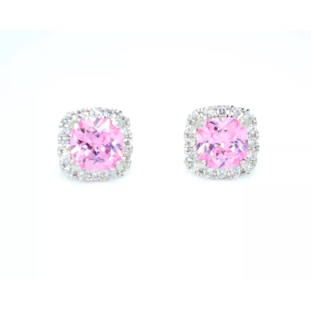 14k White Gold Tourmaline CZ Cushion Halo Earrings