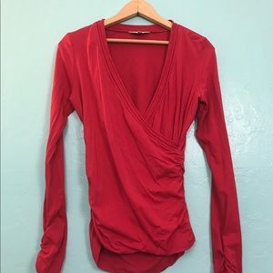 Cabi Red Faux Wrap Top Ruched Sides
