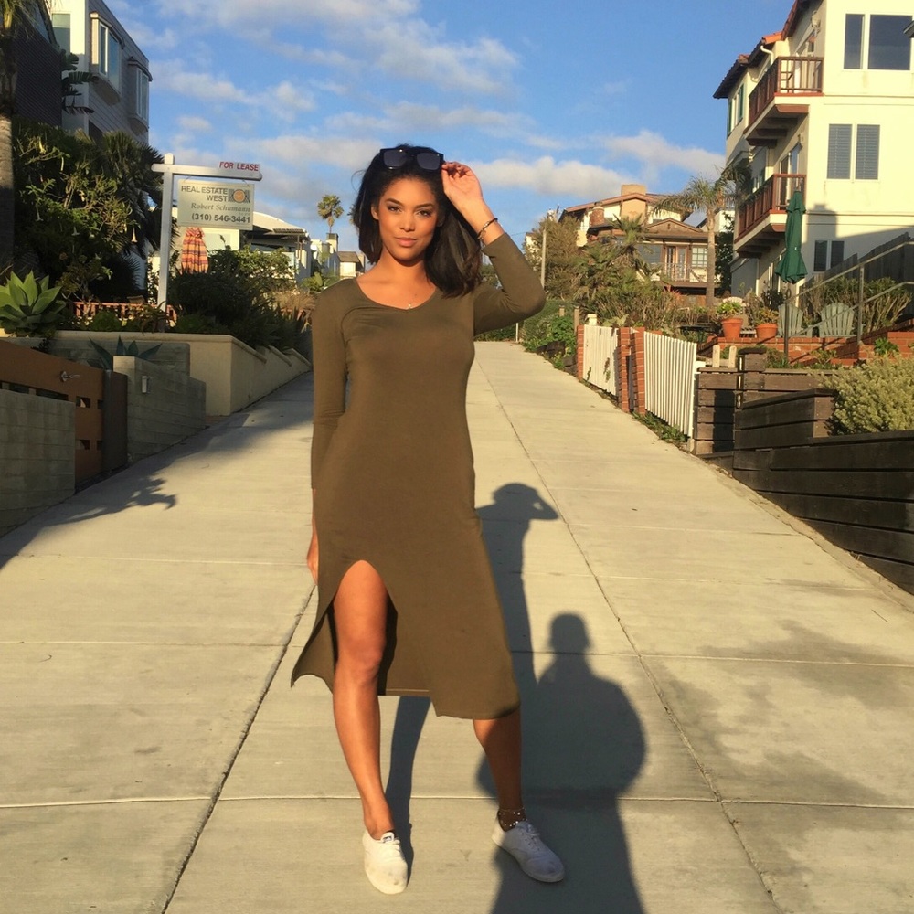 Olive Green Midi Slit Dress Size M