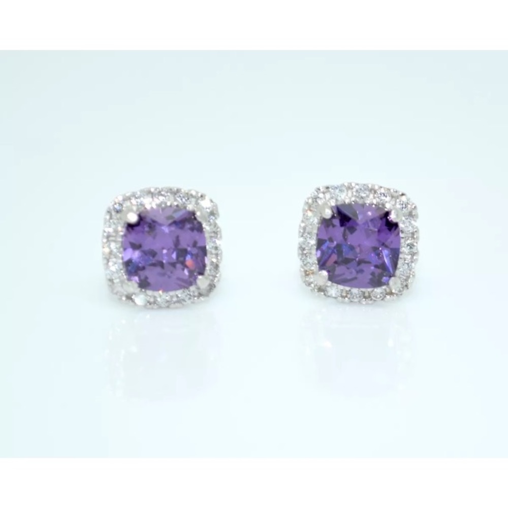 14k White Gold Amethyst CZ Halo stud Earrings