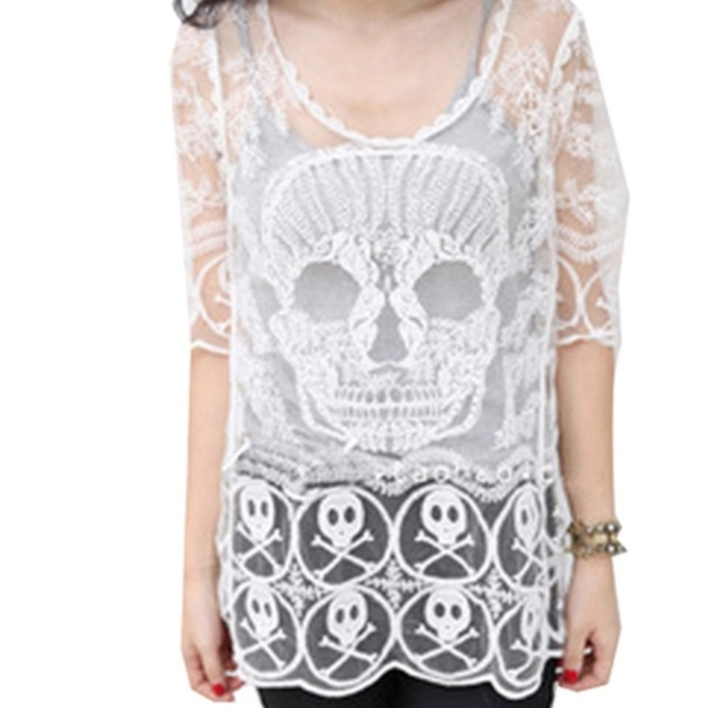 Cute Crotchet Sexy Biker Sheer Skull Top- NWT - Picture 2 of 8