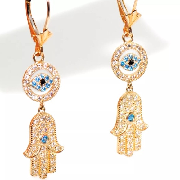 Jewelry - 14k yellow gold hamsa evil eye dangle earrings