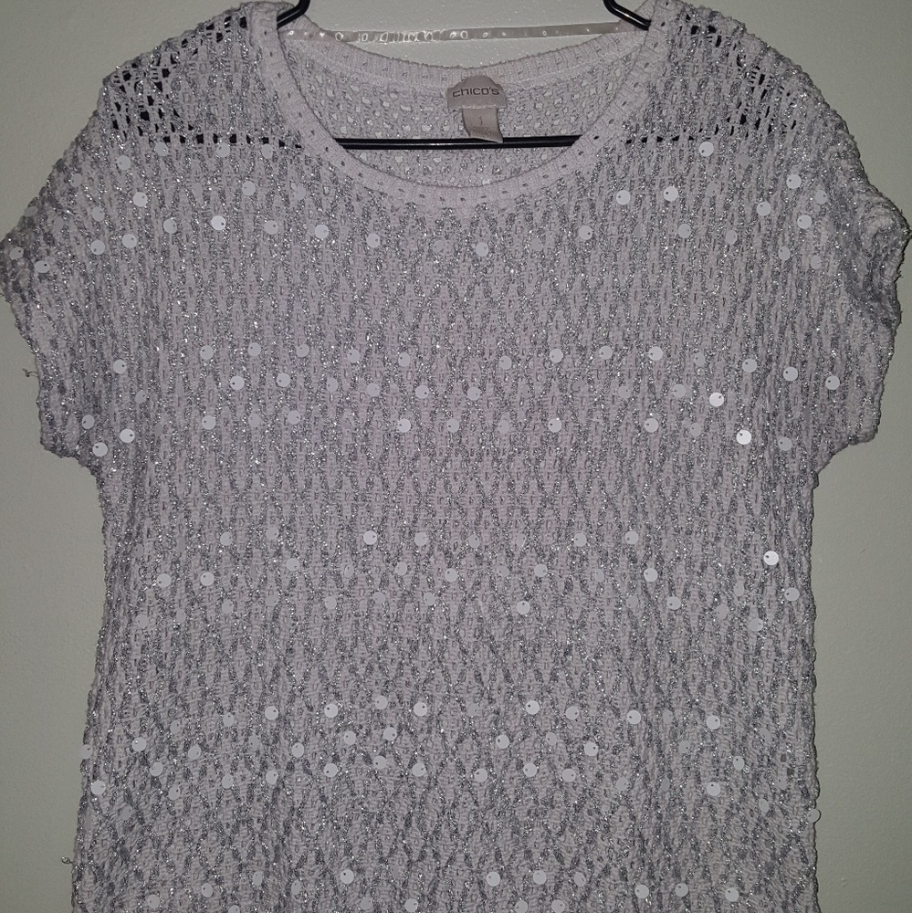 Chico's White & Silver Metallic Crochet Top M