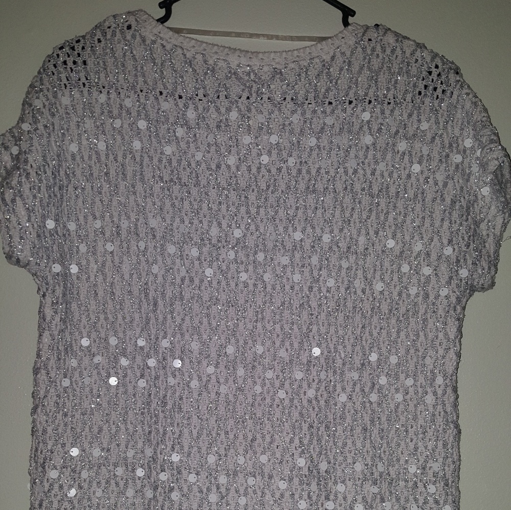 Chico's White & Silver Metallic Crochet Top M - Picture 2 of 5