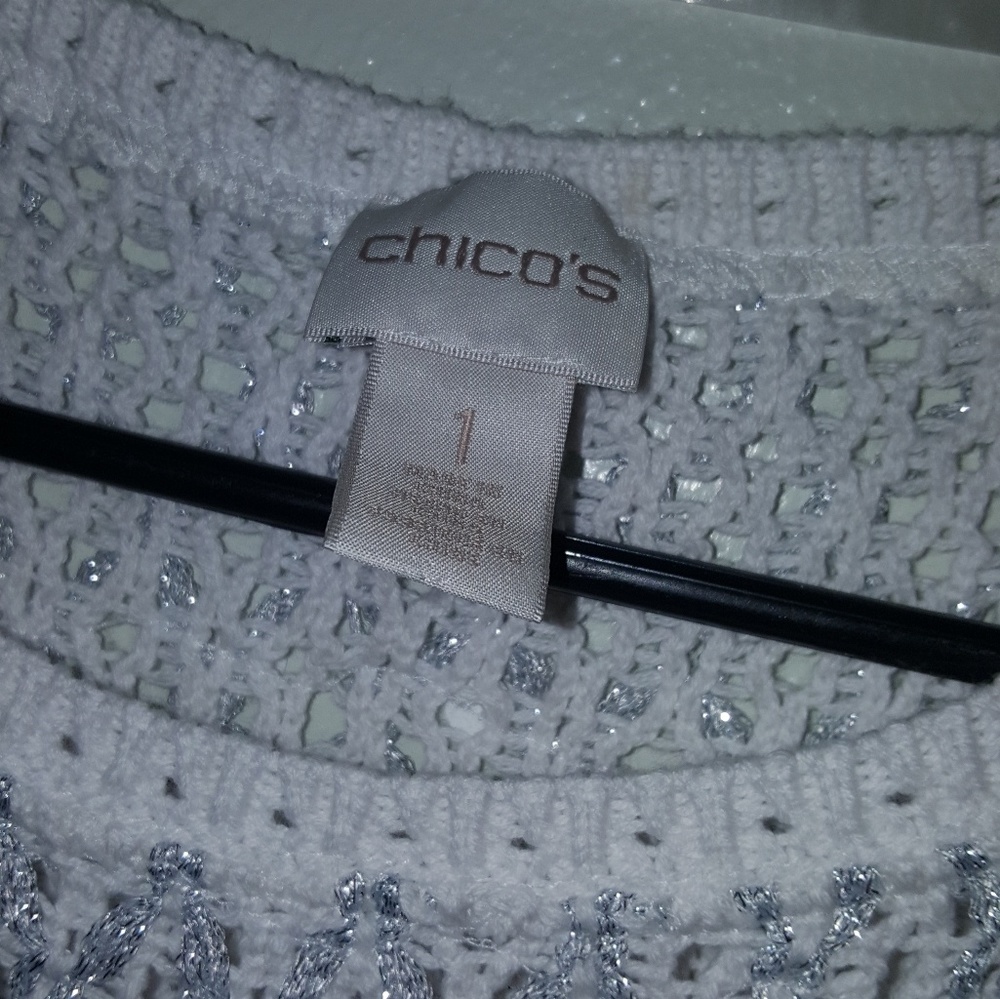 Chico's White & Silver Metallic Crochet Top M - Picture 3 of 5