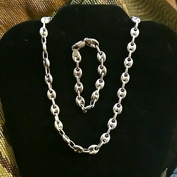 Silver anchor link chain and bracelet