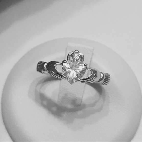 Sterling Silver Claddagh CZ Heart Ring, Irish Rings, April Birthstone Ring - Picture 4 of 10