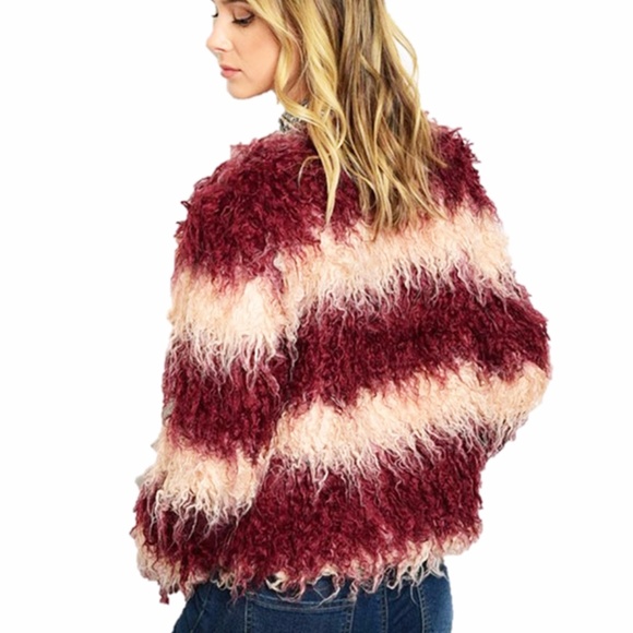 BOHO Burgundy Haute Shaggy Fringed Coat Jacket - Picture 3 of 8