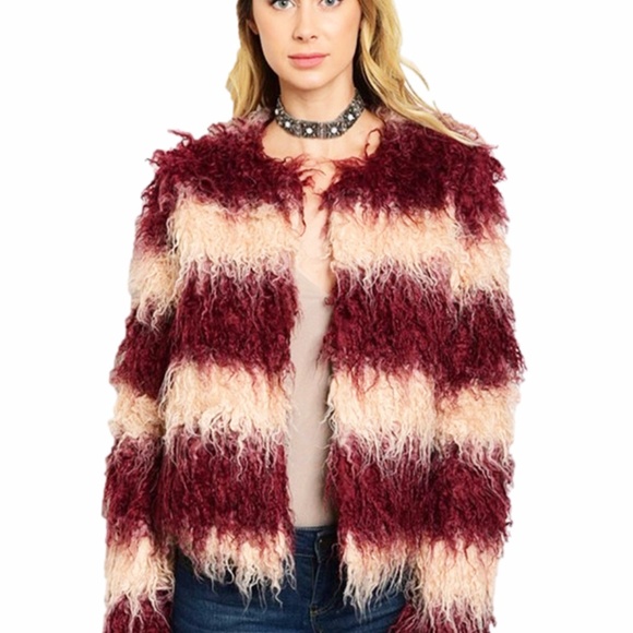 BOHO Burgundy Haute Shaggy Fringed Coat Jacket - Picture 2 of 8