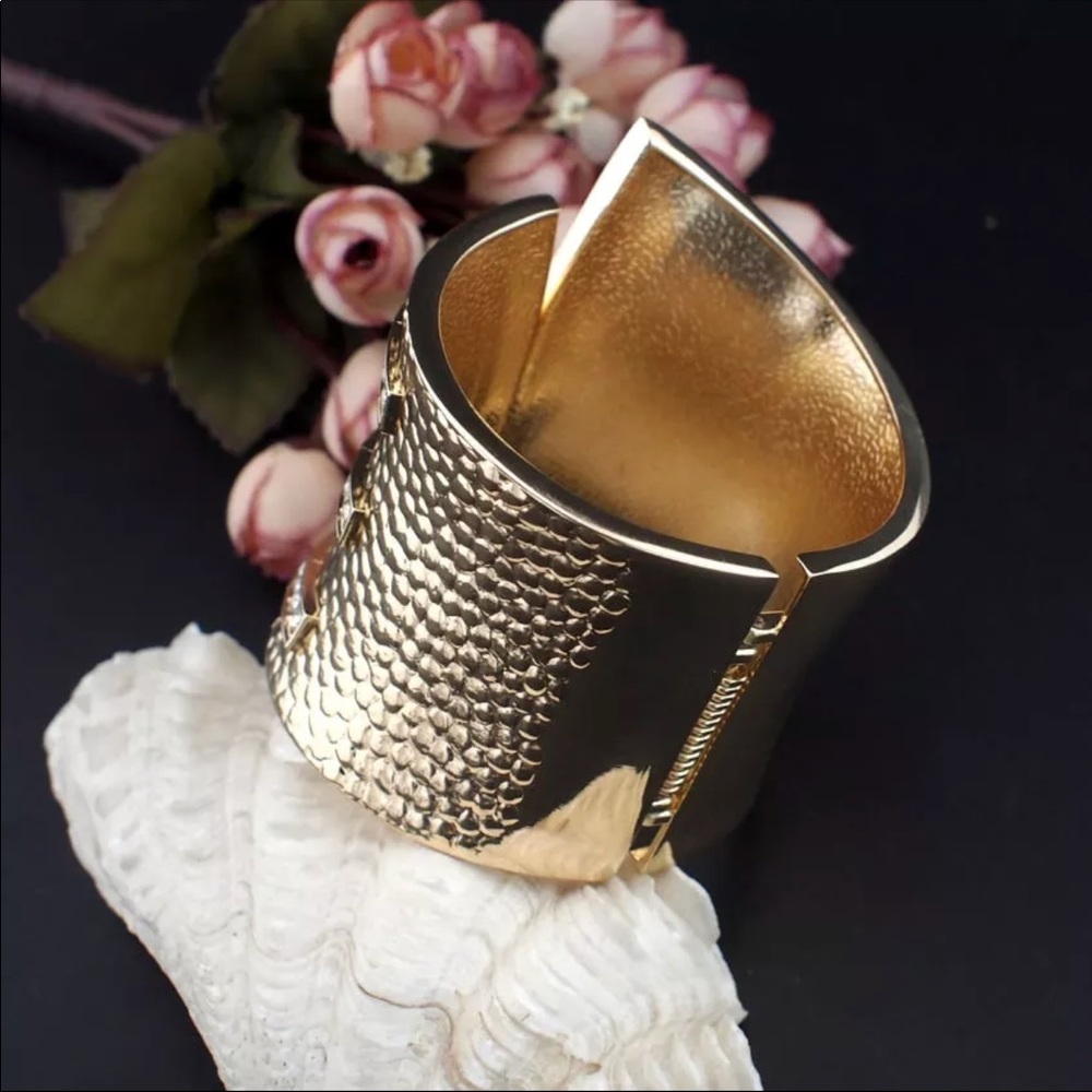 Exaggerated Cuff Gold Plated Bangle Rhinestones - image 4