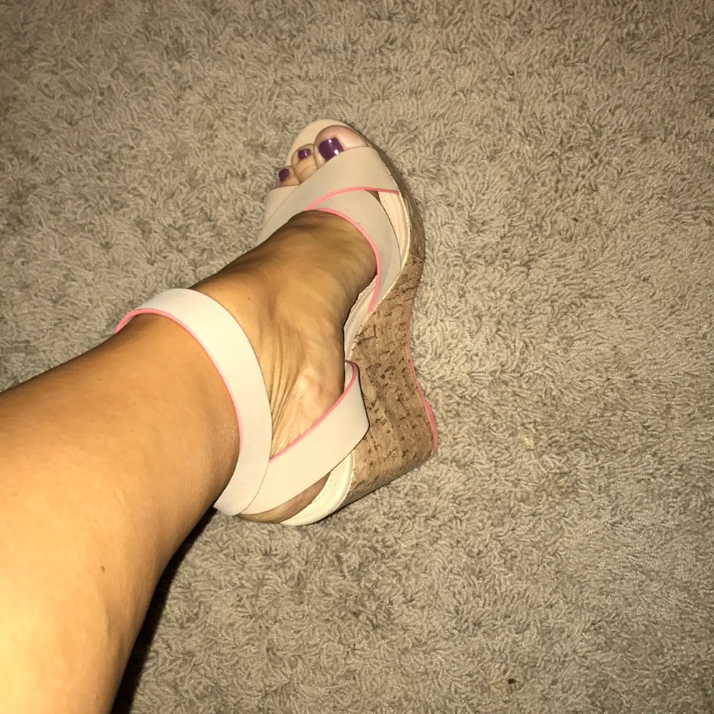 Maurice's brand nude/coral platform cork wedges.
