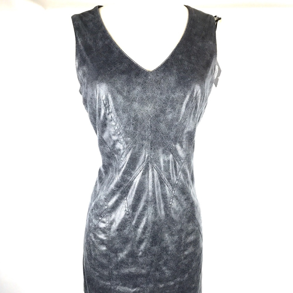 Vince Camuto Grey Faux Leather Dress V Neck Sheath