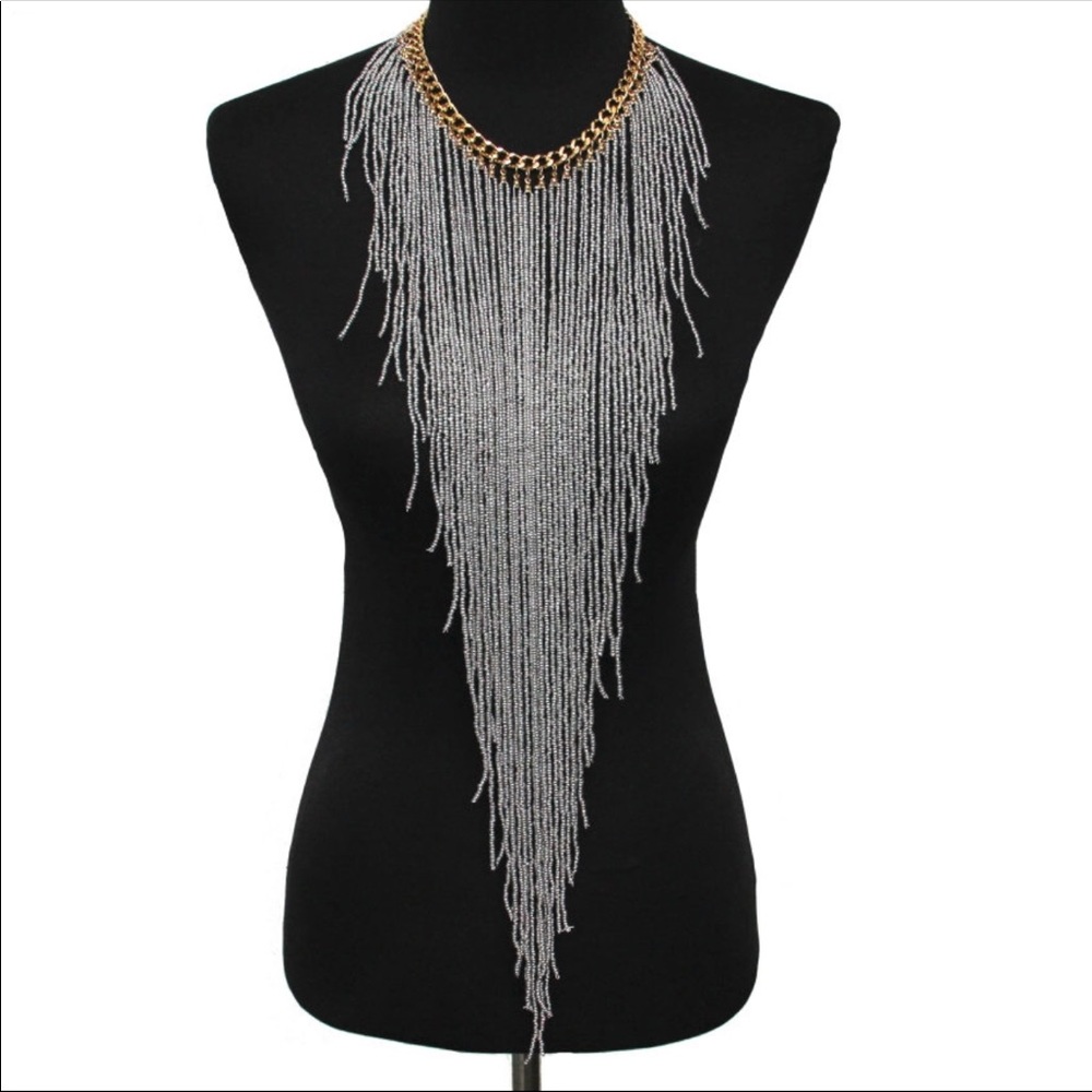 Grey hand made beaded tassel statement necklaces