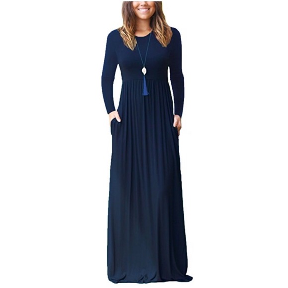 Best Seller! Long Sleeve Casual Maxi Dress Navy - Picture 1 of 5