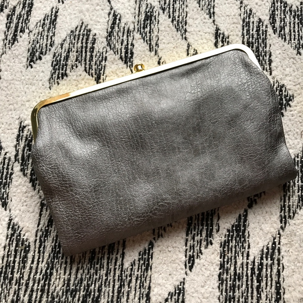 Pewter clutch with gold hardware
