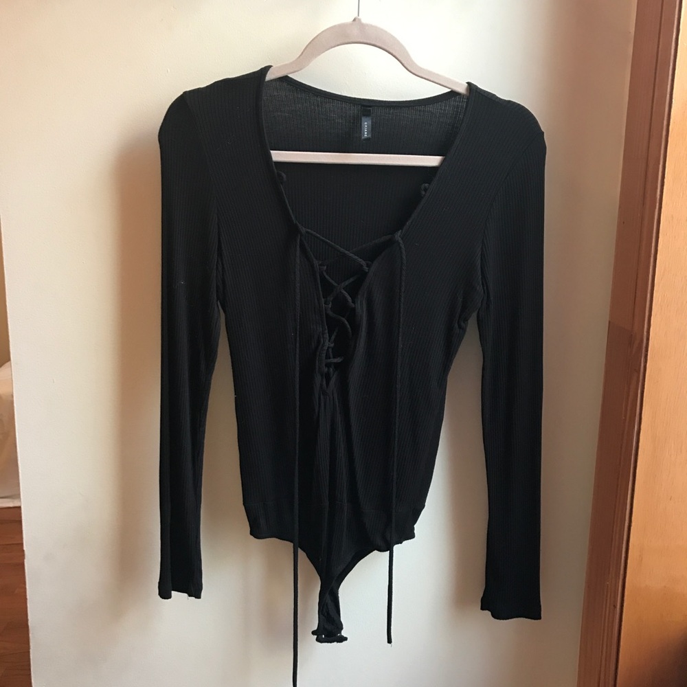 Black Lace Up Ribbed Bodysuit