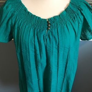 Turquoise L SS Top W/ Elastic Neck/Button Detail