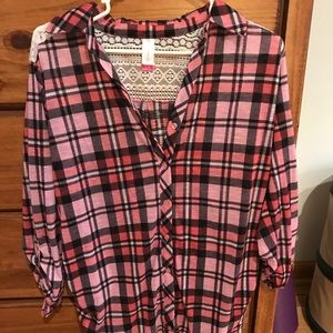 Pink and black plaid top. Lace on top. New.