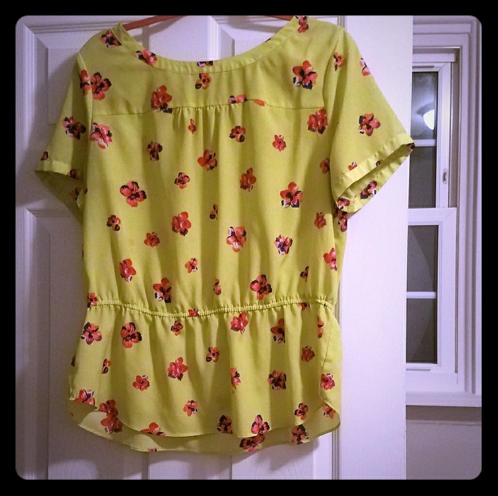 Neon Yellow Floral Print Top with Cinched Waist