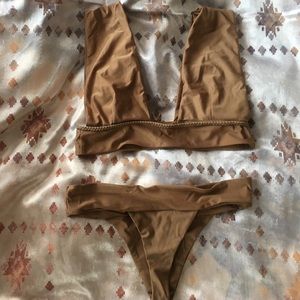 Olive green/tan plunge bikini