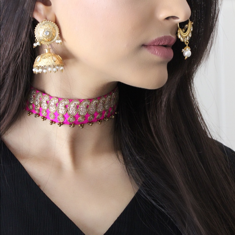 Hot pink tradional lace embellished choker