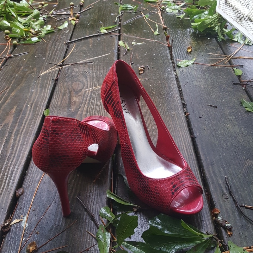 RSVP red embossed pep toe heels