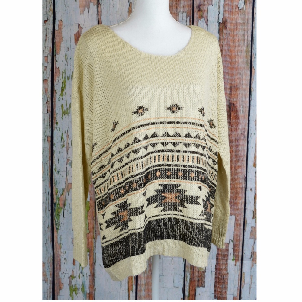 Dolman Sweater Pullover Long Sleeve Beige Geo NWT