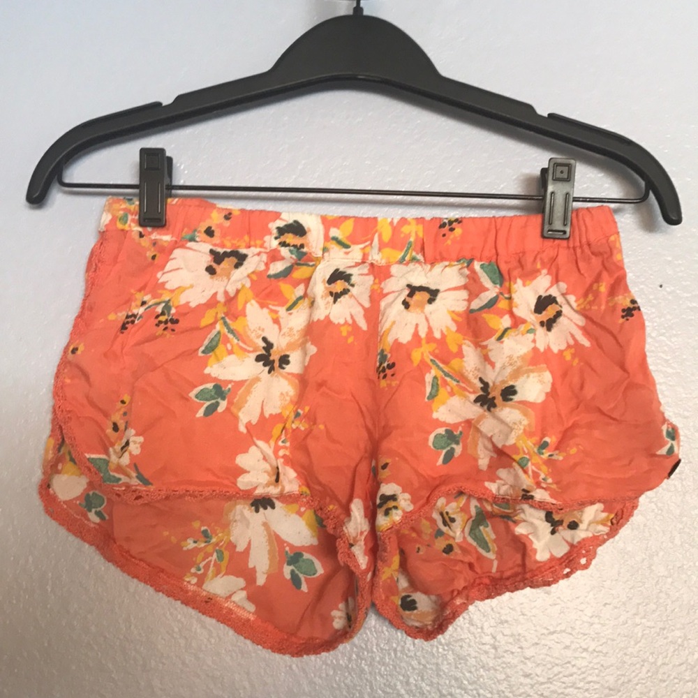 Orange flower pattern loose summer shorts