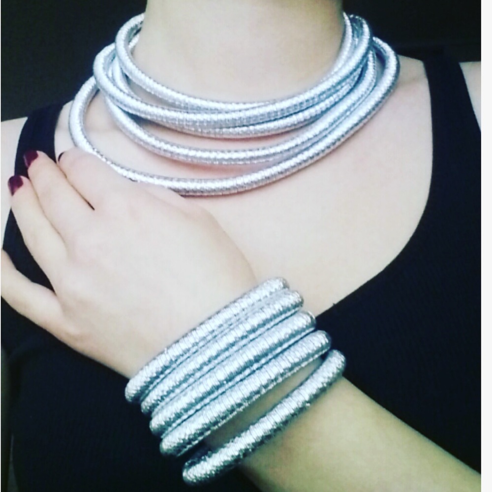 Silver Plated Multi Layer Choker And Bracelet Set - image 1