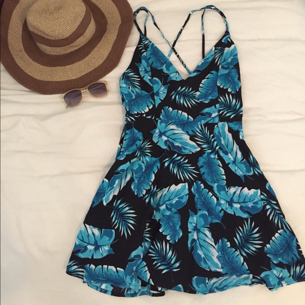 Blue and black tropical floral dress