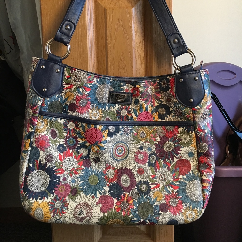 Gigi Hill dark blue, floral print purse. Like new