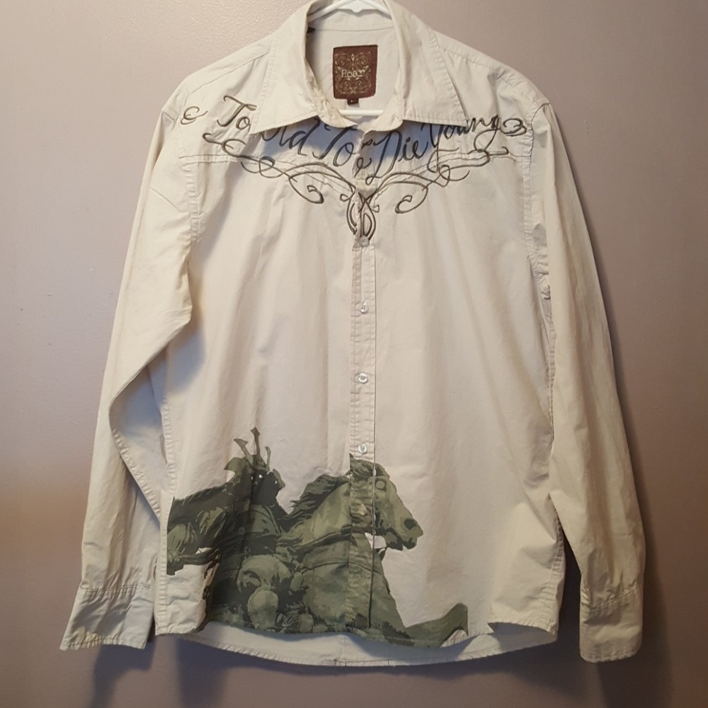 Roar Too Old To Die Young embroidered button down