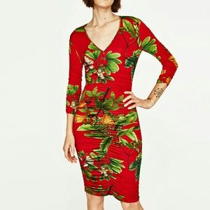 Draped tropical print dress