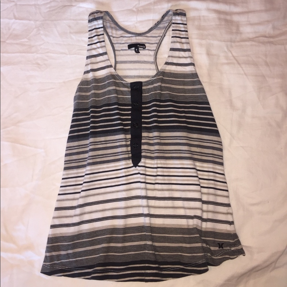 Black/White/Gray Tank Top w/ Horizontal Stripes.
