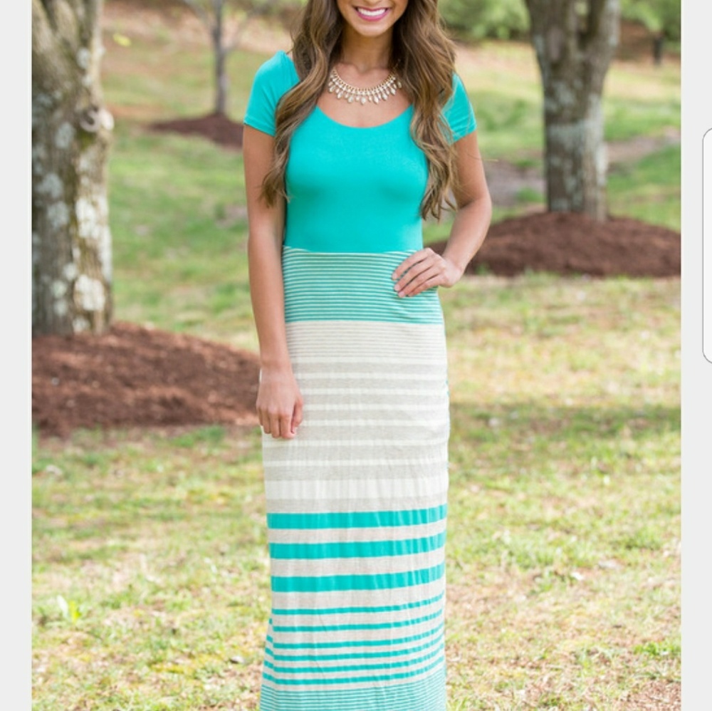 Tan / teal Maxi dress from The Pink Lily Boutique