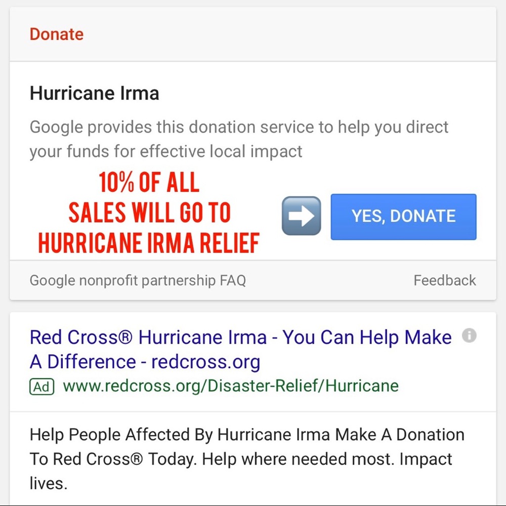 ❤10% of all sales will go to Hurricane Irma Relief