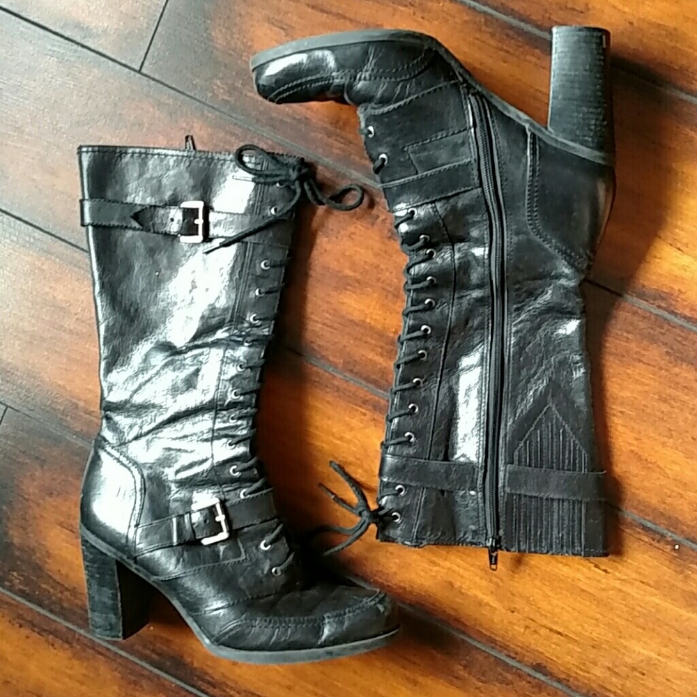 Nine West NW Rockell Leather Lace Up Steampu Boots