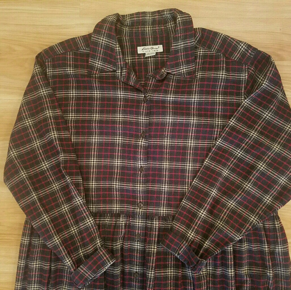 Eddie Bauer Red Gray Plaid Shirt Pajama Dress