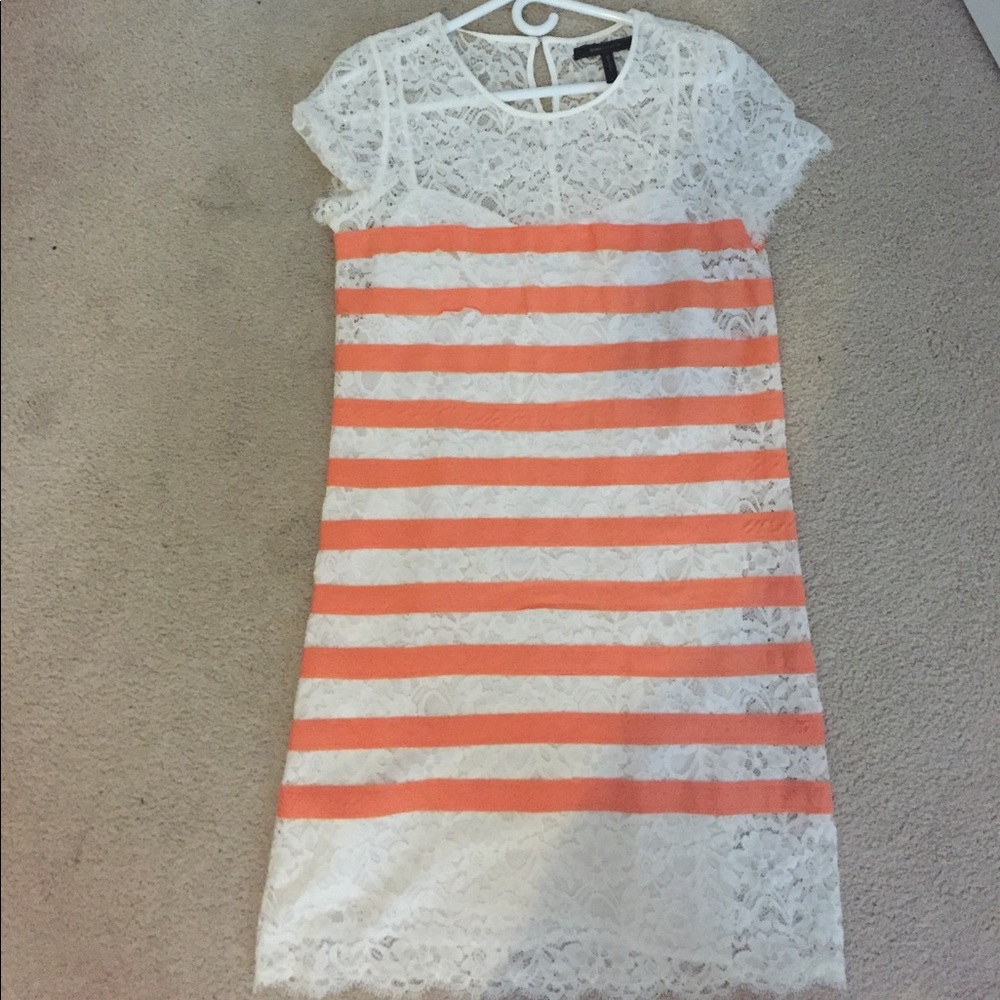 White lace sheath dress with orange stripes