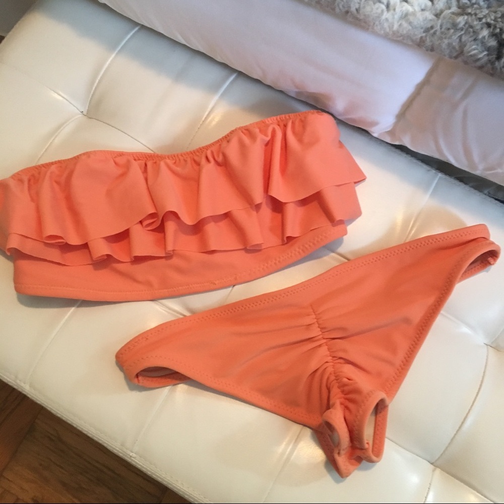 Strapless peach ruffle swimsuit