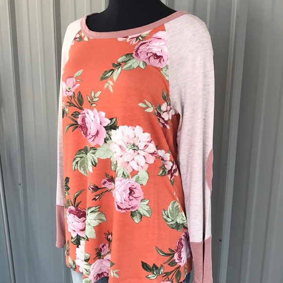 NEW Floral baseball tee orange pink women Oddi bou - Picture 2 of 4
