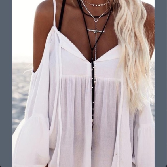 Bohemian Cold Shoulder Bell Sleeve Top White 1617 - Picture 2 of 8