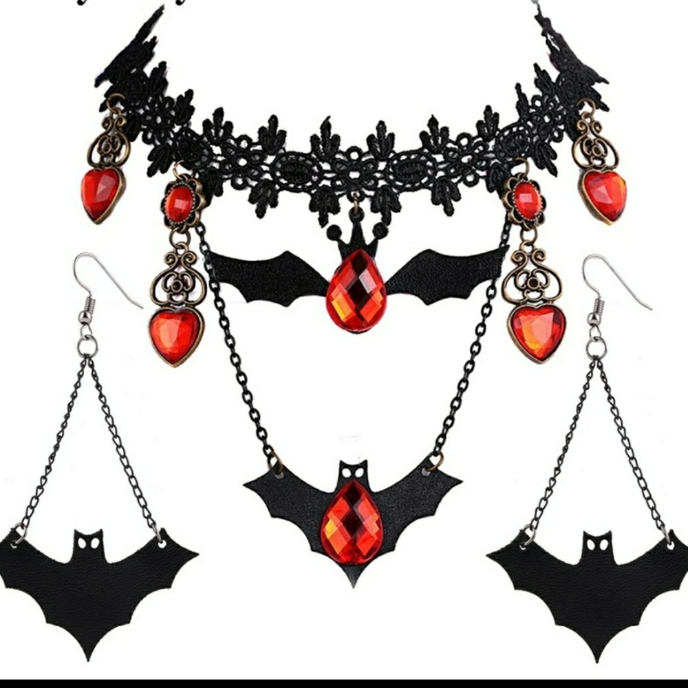 Black lace bat choker and earrings set