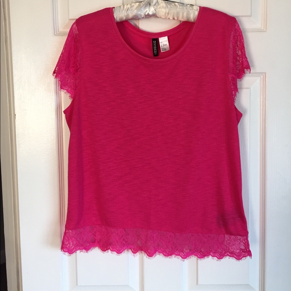 H&M Divided Brand Hot Pink Lace Trim Shirt Size L