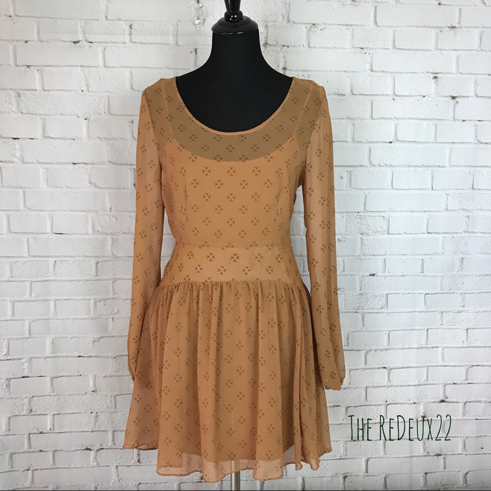 Free People Tan Sheer Lined Long Sleeve Mini Dress