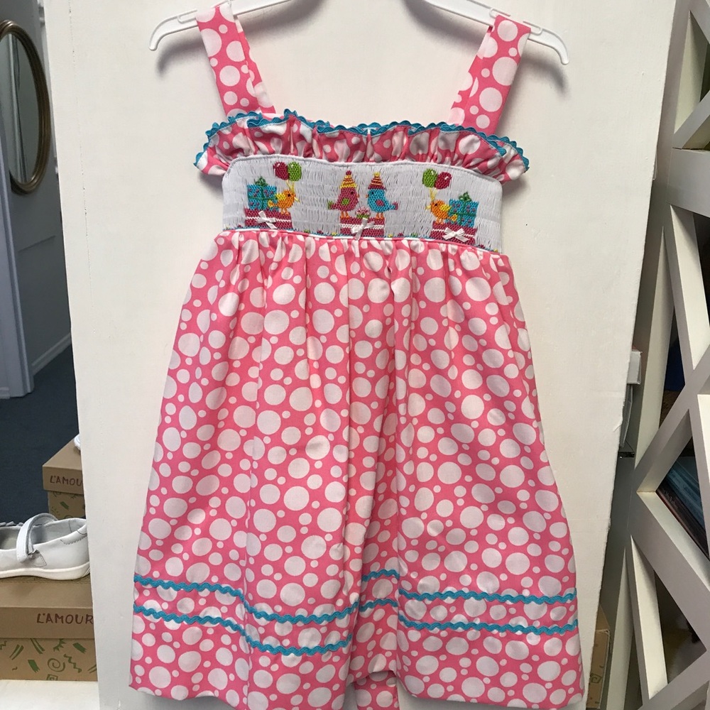 Pink polka dot dress with smocking/ party dress