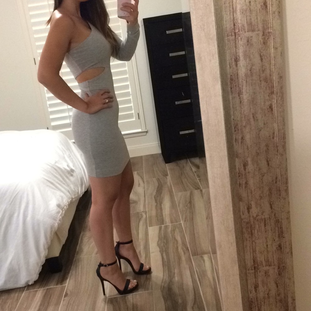 BCBG one sleeve, grey mini dress