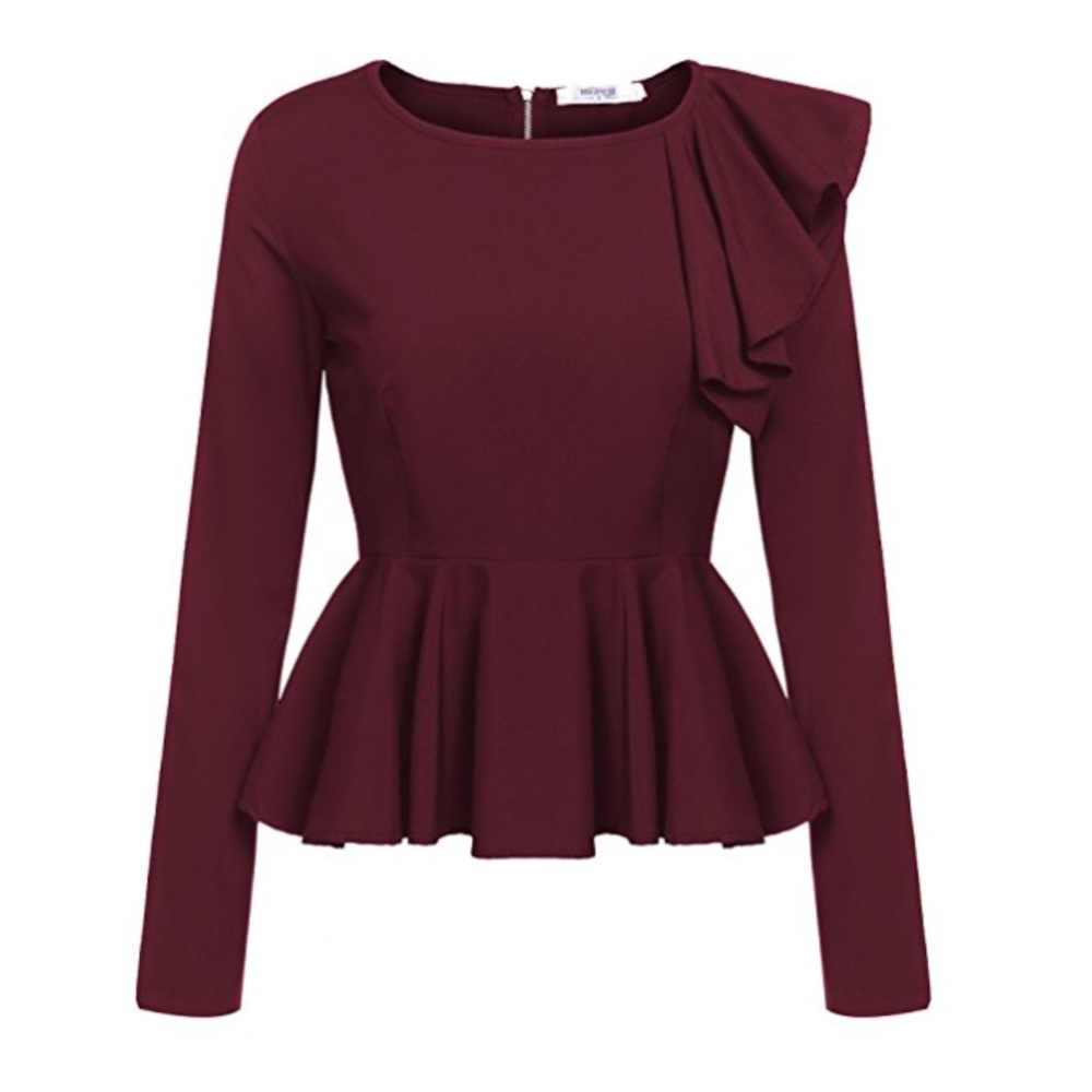 Ruffles Peplum Long Sleeve Dressy Blouse Tops