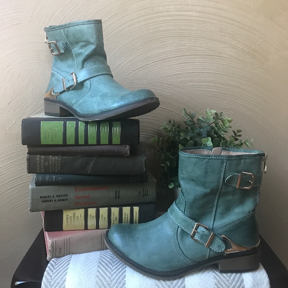 Rustic Teal Ankle Boots with Gold Accents