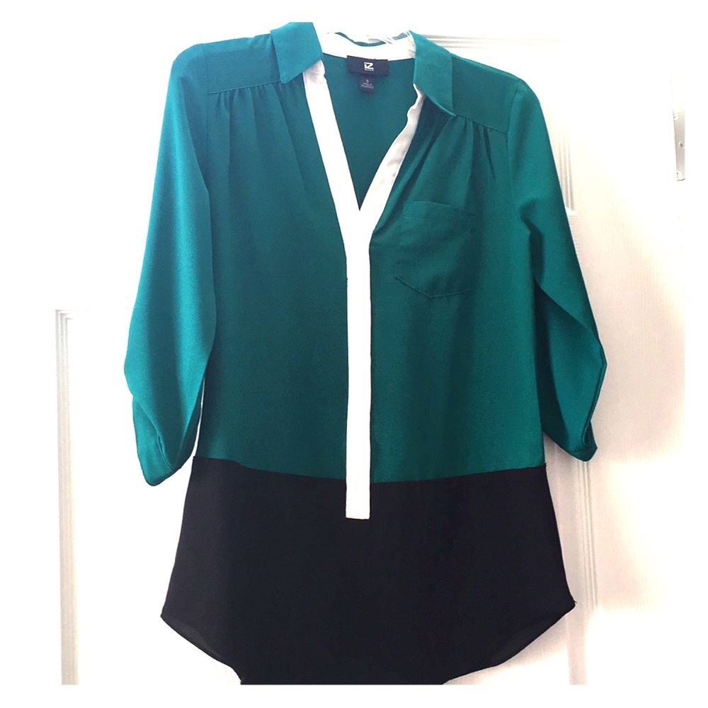 Green, White, Black button up Blouse